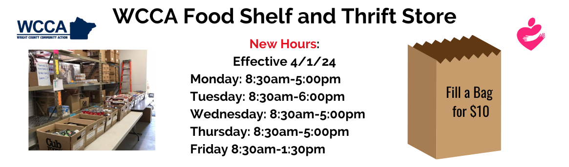 Effective April 1st, 2024 - New Food Shelf & Thrift Store hours.