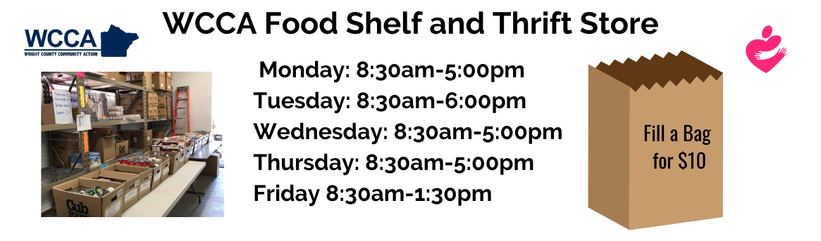 Effective April 1st, 2024 - New Food Shelf & Thrift Store hours.